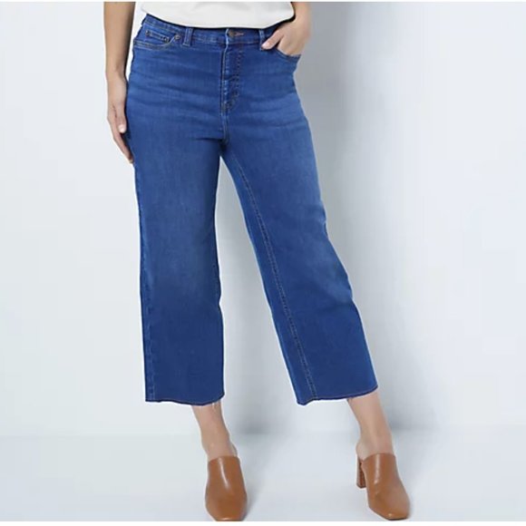 Denim & Co Easy Stretch Denim Cropped Wide Leg Jeans with Fray Hem  11214 - Picture 1 of 2